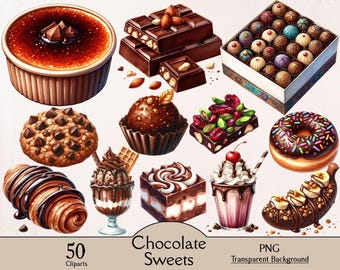 Watercolor chocolate sweets clipart bundle, chocolate dessert, 50 PNG cliparts, sweet chocolate illustration, chocolate snack, choco gourmet
