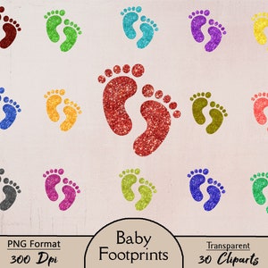 Empreintes de pas de bébé, 30 images clipart PNG, empreintes de pas de paillettes, nouveau-né, pied de bébé, clipart, numérique, imprimable, empreintes de pas de bébé paillettes