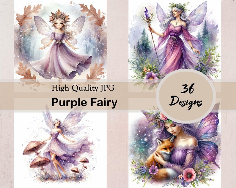 Watercolor Purple Fairy Clipart, Glittery Fantasy Fairy, 36 JPG Images ...
