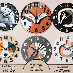 Tier Uhren, 30 PNG Cliparts, Wanduhr, Wanddekoration, Kinderzimmer, Uhren Design, Digital, Clipart, Papiermodell, Junk Journal, Wand Kunst