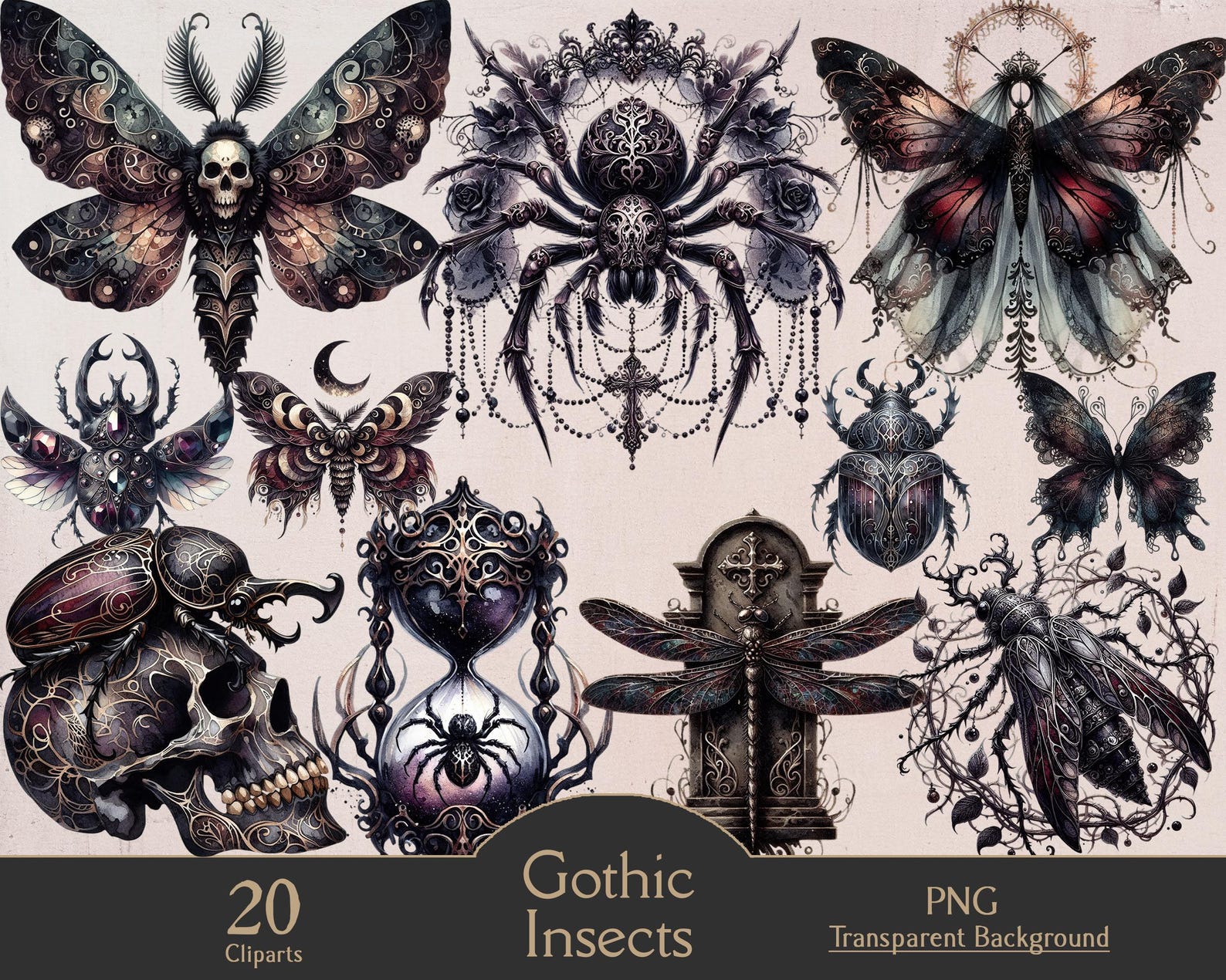 Gothic Insects Watercolor Gothic Insects Clipart Set, Dark Fantasy Art, Gothic Creepy ...