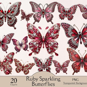 May include: A collection of twenty digital butterfly illustrations featuring intricate red and pink gemstone-like patterns with sparkling crystal accents. The text at the bottom reads 20 Ruby Sparkling Butterflies PNG Transparent Background.