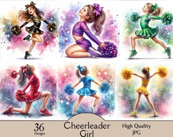Cute cheerleader girl clipart illustration, school spirit cheerleader, pom pom cheer squad character, sports team mascot girl, 36 JPG images