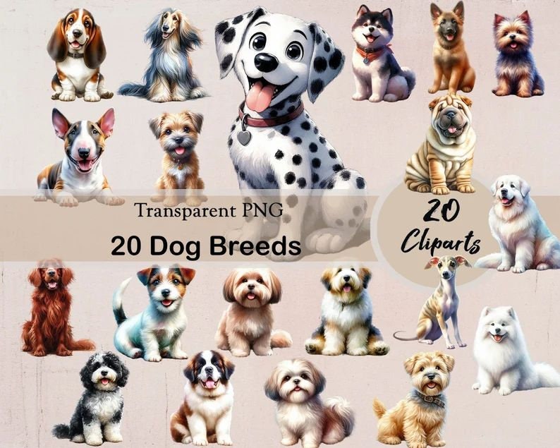 100 Dog Breeds, 100 PNG Clipart, Bundle, Transparent, Dogs, Cute Dogs ...