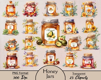 Honey jars, 25 PNG cliparts, watercolor, honey, clipart, breakfast, digital, download, printable, scrapbooking, junk journal, jar, sweet