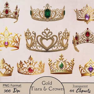 Gold Tiara, Gold Crown, 44 PNG cliparts, gold foil tiara, gold foil crown, King, Queen, Prince, Princess, crowned, clipart, digital, print