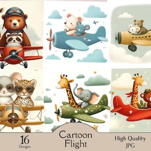 Puede incluir: Seis ilustraciones diferentes de animales de dibujos animados volando en aviones. Los animales incluyen una jirafa, un oso, un ratón, un leopardo, un elefante y un mapache. Los aviones son rojo, azul, amarillo y verde. El fondo es un cielo azul claro con nubes blancas.