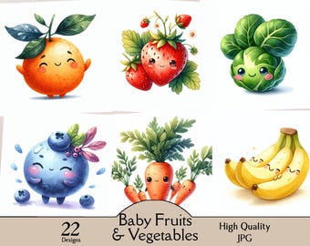 Baby fruits and vegetables, 22 JPG images, clipart, nursery, cartoon, baby room, baby shower, funny, papercraft, watercolor, fruit,vegetable