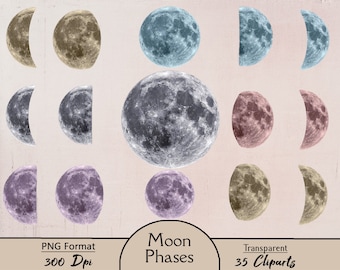 May include: A set of 35 moon phase clipart images in PNG format. The images are transparent and 300 DPI. The moon phases are shown in various colors, including blue, gray, purple, and brown.