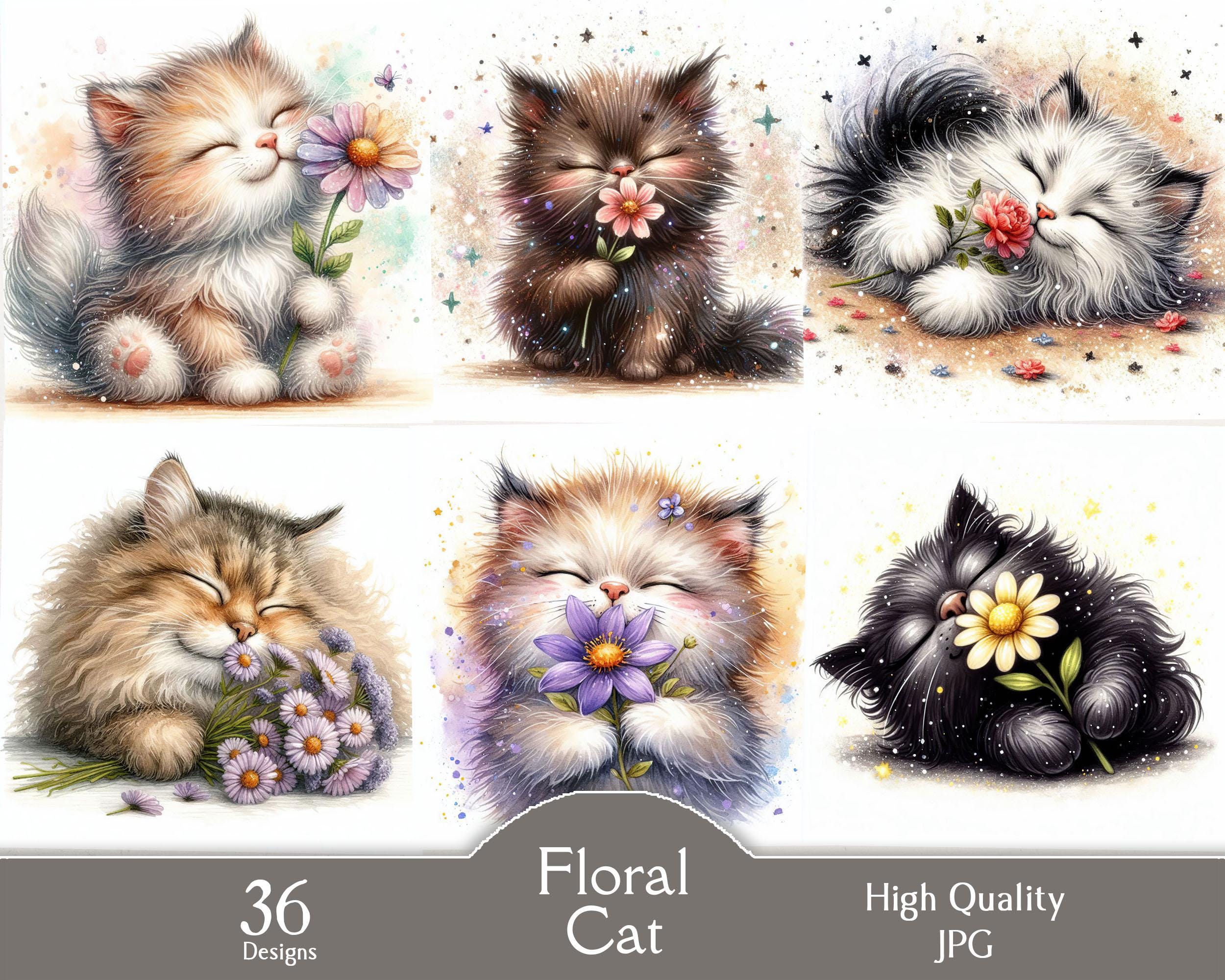 Watercolor Floral Cat Clipart, Cute Kitten With Flowers, 36 JPG Images ...