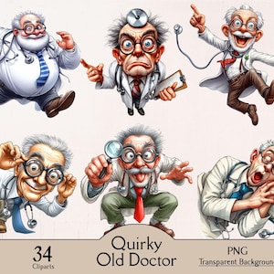 May include: A collection of six cartoon illustrations of an elderly doctor in various poses. The doctor is wearing a white coat, glasses, and a stethoscope. The text "Quirky Old Doctor" and "34 Cliparts" is visible.
