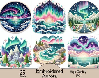 Embroidered aurora, 25 JPG images, embroidery, aurora, landscape, lake, mountain, river, digital, download, printable, aurora borealis