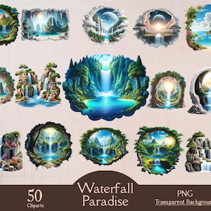 Waterval, watervalparadijs, 50 png-clipart, tropisch, smaragdgroene waterval, digitaal, afdrukbaar, fantasie, natuur, water, bloemen, bundel