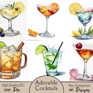 Cocktails, 40 JPG images, adorable cocktails, clipart, digital, download, cocktail clipart, summer drinks, paper craft, junk journal