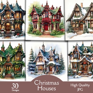 Christmas houses, 30 JPG images , winter , houses , digital , christmas houses, watercolor, clipart, winter houses, christmas art, printable