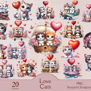 Amor a los gatos, 20 PNG, lindo, romántico, digital, descargar, clipart, imágenes, día de San Valentín, romántico, amor, corazón, pareja, imprimir, imprimible