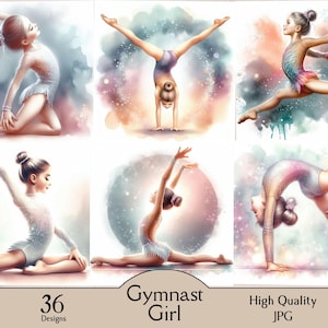 Puede incluir: Ilustraciones en acuarela de jóvenes gimnastas en varias poses. Las imágenes muestran a niñas con maillots, realizando espagats, handstands y saltos. El fondo tiene un efecto suave, colorido y de ensueño. El texto en la imagen dice "Gymnast Girl", "36 Designs" y "High Quality JPG".
