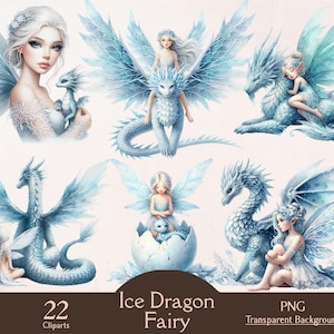 Op de afbeelding: Een verzameling van 22 digitale cliparts met ijsdraken en feeën. De illustraties tonen etherische figuren met ijsblauwe vleugels en details, waaronder feeën met draken en feeën met drakeneieren. De tekst "Ice Dragon Fairy" is zichtbaar.