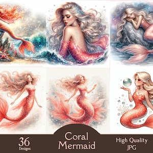 May include: A collection of watercolor illustrations featuring mermaids with flowing blonde hair and coral-colored tails. The images depict mermaids in various poses, some near water, with a few holding bubbles. The text "Coral Mermaid" and "36 Designs" is visible.