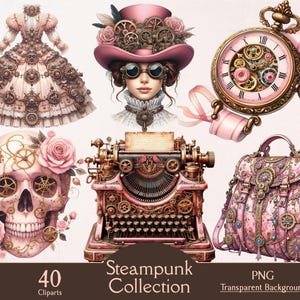 Op de afbeelding: Een verzameling steampunk-thema cliparts met een roze jurk, een vrouw met een hoed en bril, een zakhorloge, een schedel met tandwielen en rozen, een typemachine en een roze handtas. De tekst "Steampunk Collection" is ook aanwezig.