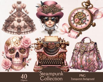 Pink steampunk collection, pink steampunk gadgets, 40 PNG cliparts, steampunk clipart bundle, steampunk victorian, ephemera junk journaling