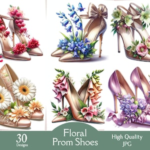 Zapatos de fiesta con flores, 30 imágenes jpg, zapatos de primavera, zapatos con flores, clipart, digital, descarga, zapatos con alzas, plantilla alta, imprimible, flores