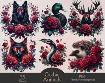 Animali gotici, 25 clipart PNG, animali acquerellati, gotico acquerellato, animali neri, clipart gotico, artigianato di carta, diario spazzatura, stampabile