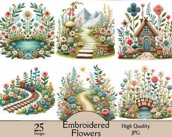 Embroidered flowers, 25 JPG images, embroidery, flower, landscape, house, mountain, snowy, digital, download, printable, junk journal
