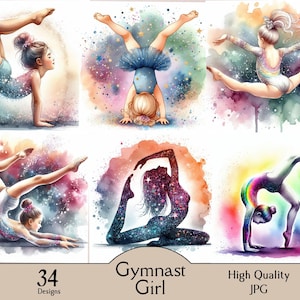 Watercolor gymnast little girl, colorful gymnastics permorfing girl clipart, 34 JPG images, glittery girl, gymnastics clipart, junk journal