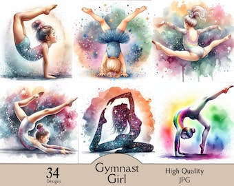 Watercolor gymnast little girl, colorful gymnastics performing girl clipart, 34 JPG images, glittery girl, gymnastics clipart, junk journal