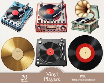 Vinyl player, 20 PNG cliparts, record player, vintage music, retro clipart, music player, 80&#39;s retro, old vinyl record, turntable, old music