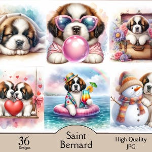 May include: A collection of six Saint Bernard puppy illustrations featuring a sleeping puppy in a blanket, a puppy with pink sunglasses blowing a bubble, a puppy in a suitcase with flowers, two puppies on a swing, a puppy in a pool float, and a snowman.