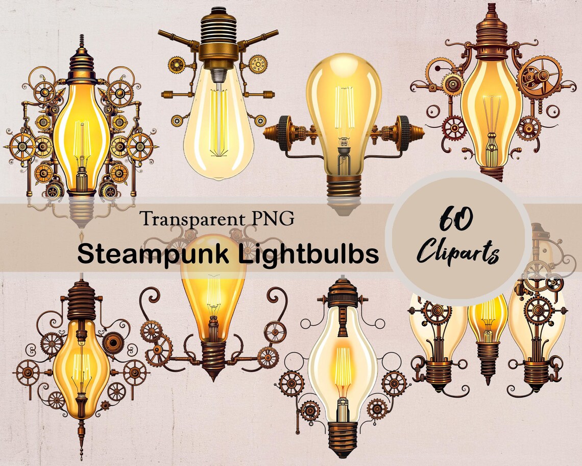 Steampunk Lightbulb Clipart, Junk Journaling Bundle, 60 PNG Cliparts ...
