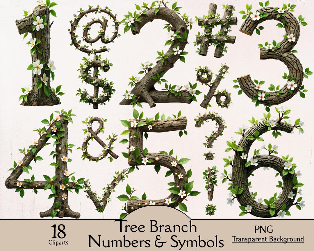Cherry Tree Branch Numbers and Symbols, Forest Nature Font Wood ...