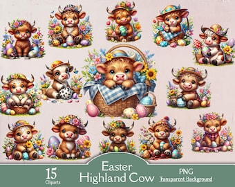May include: 15 digital clipart images of Highland cows in various poses, wearing Easter hats and holding Easter eggs. The cows are surrounded by spring flowers and greenery. The background is transparent.