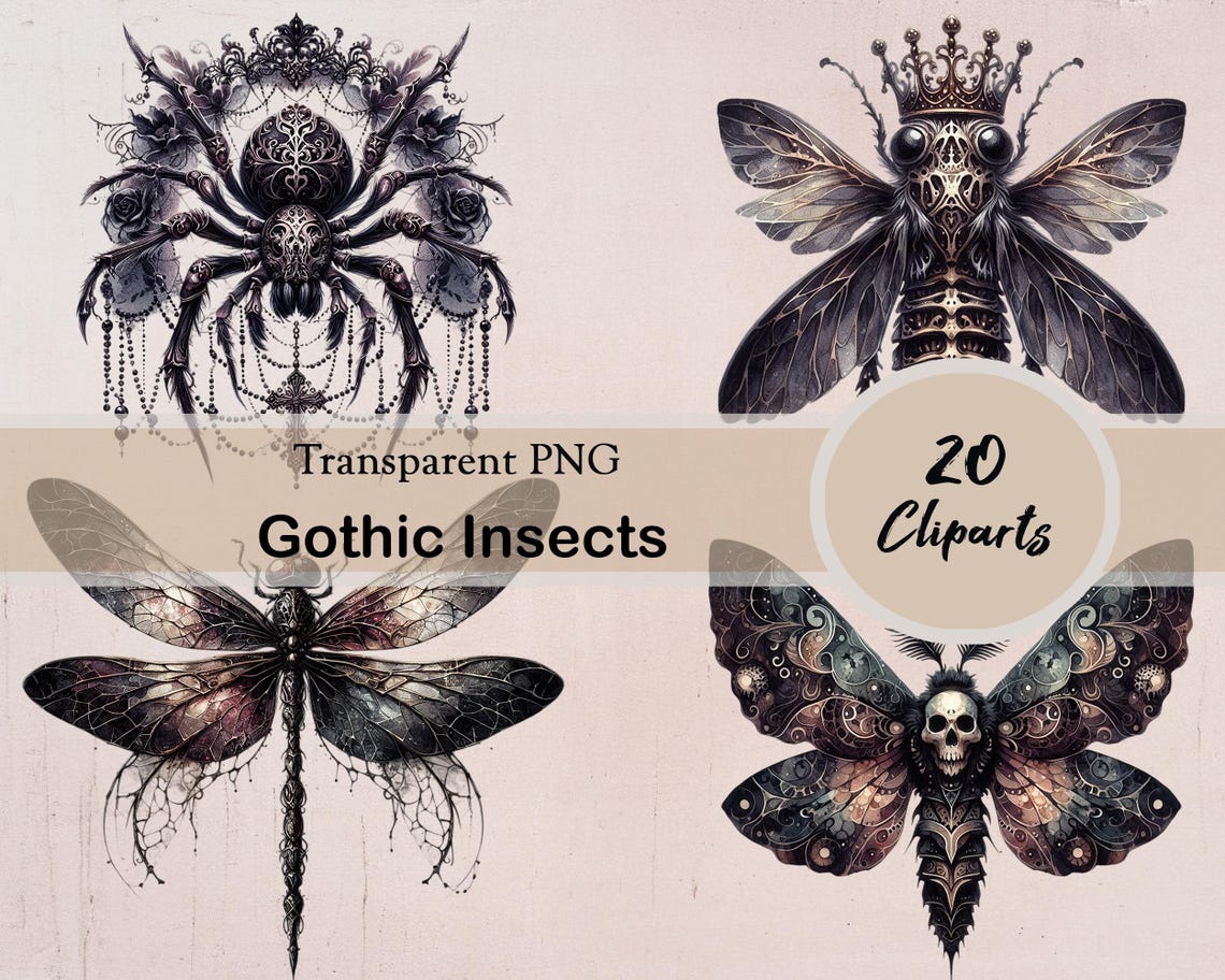 Gothic Insects Watercolor Gothic Insects Clipart Set, Dark Fantasy Art, Gothic Creepy ...