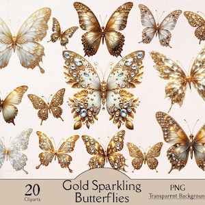 Borboleta dourada brilhante, borboleta com glitter, 20 clipart PNG, criação de convites de casamento, clipart de borboleta, clipart de enfeites de decoração
