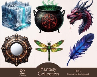 Fantasy collection, fantasy clipart, magic world, 52 PNG cliparts, sublimation, clipart bundle, junk journaling, paper craft, commercial use