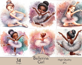 Cute little ballerina girl clipart, 34 JPG images, ballerina dancer bundle, glittery dancing girl,  junk journaling, paper craft, printable
