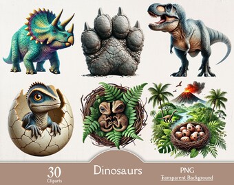 Dinosaurs, 30 PNG cliparts, watercolor, dinosaur clipart, transparent, realistic dinosaur, vintage dinosaur, dinosaur eggs, footprints