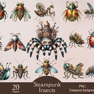 Insectes steampunk, 20 cliparts PNG, steampunk, insecte, imprimable, numérique, téléchargement, journal indésirable, scrapbooking, créations en papier, fantaisie