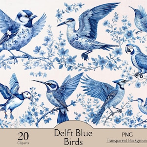 Puede incluir: Una colección de 20 imágenes prediseñadas de aves azul Delft. Las aves están en varias poses, con las alas extendidas y posadas en ramas con detalles florales azules. Fondo transparente.
