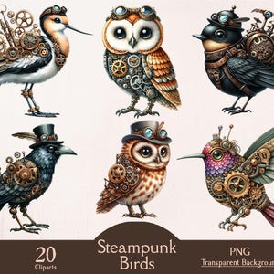 May include: A set of 20 digital clipart images featuring steampunk-style birds. The birds are depicted in various poses and with intricate details, including gears, cogs, and other mechanical elements. The images are perfect for crafting projects, scrapbooking, and digital design.