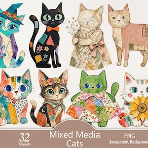 May include: A collection of eight digital illustrations featuring cats in various colors and patterns, including a teal cat in a witch hat, a black cat with floral patches, and cats wearing dresses or holding flowers, with text reading 32 Mixed Media Cats.