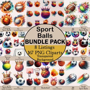 Sport balls clipart bundle, soccer ball, basketball, football clipart, sport balls with fire, fiery balls, crowned balls, floral balls