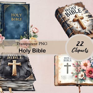 May include: A collection of watercolor-style illustrations of Holy Bibles. The images feature the text "Holy Bible" on the covers, with gold crosses and floral arrangements. The phrase "Transparent PNG Holy Bible" is also present.