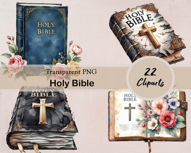 May include: A collection of watercolor-style illustrations of Holy Bibles. The images feature the text "Holy Bible" on the covers, with gold crosses and floral arrangements. The phrase "Transparent PNG Holy Bible" is also present.