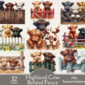 May include: A collection of 32 Highland cow cliparts, each featuring a different colored cow peering over a wooden fence. The cows have fluffy fur in shades of black, brown, white, and tan. The fences are painted in various colors, and some are decorated with flowers.