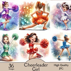 Könnte beinhalten: Digitale Illustration von sechs Cheerleader-Mädchen in verschiedenen Posen, jede mit Pompons. Die Cheerleader tragen verschiedenfarbige Uniformen, darunter Lila, Orange, Weiß, Grün, Rot und Blau. Der Text "36 Designs", "Cheerleader Girl" und "High Quality JPG" ist enthalten.
