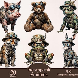 Puede incluir: Seis ilustraciones de animales steampunk, incluyendo un cerdo, un oso, un lagarto, un tigre, una rana y un conejo. Cada animal lleva gafas, sombreros y elementos mecánicos. El texto "Steampunk Animals" y "20 Cliparts" también está presente.